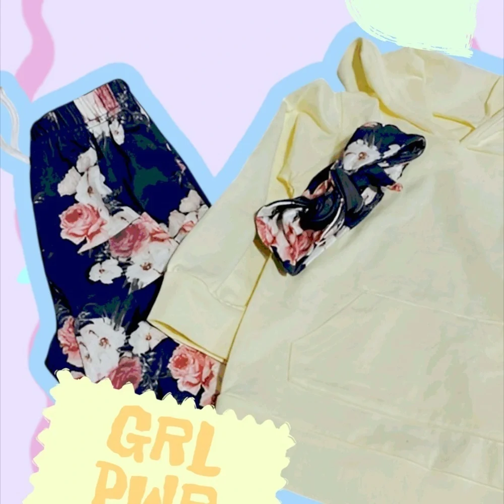 Girls 2T Yellow Hoodie Lounge Set Floral Pants Matching Bow